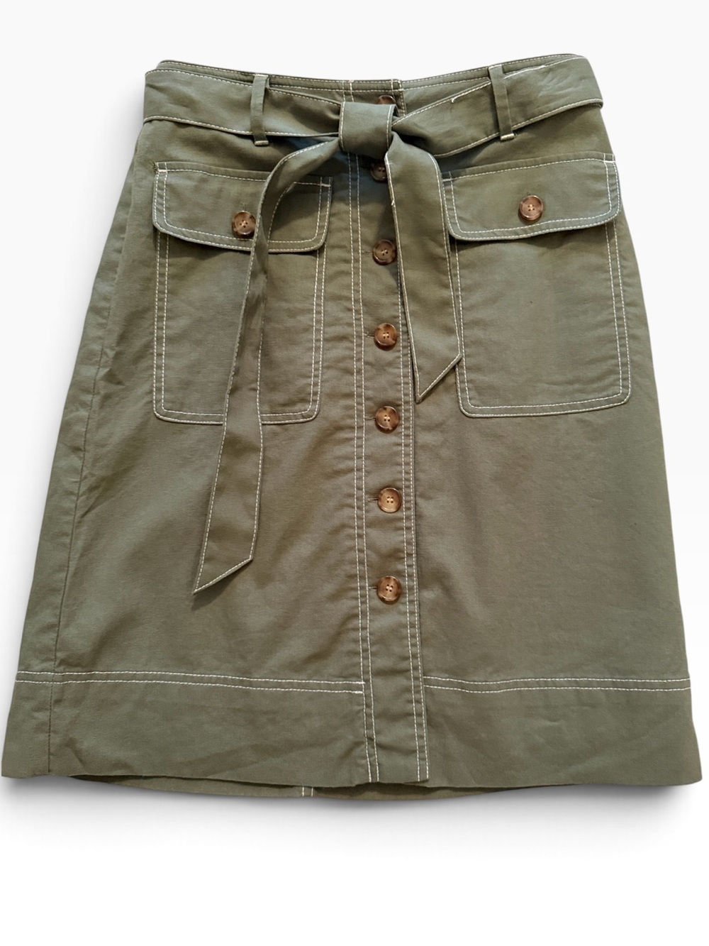 J. Crew OliveLinen/Cotton Utility Button-Front A-Line Skirt with Tie Belt 0